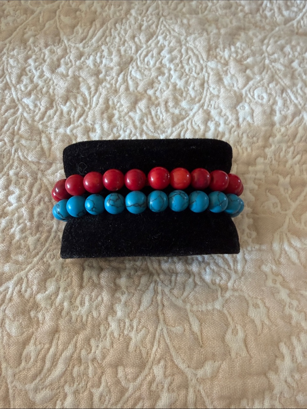 Red and Turquoise Beaded Stone Stretch Bracelets - Set of 2